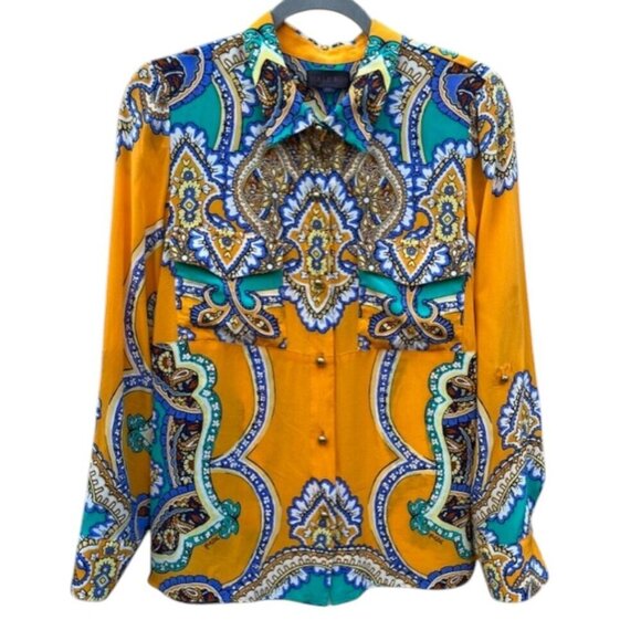 Hale Bob Women's Button Down 100% Silk Multi Color Yellow Blouse Paisley Print M - Picture 1 of 14